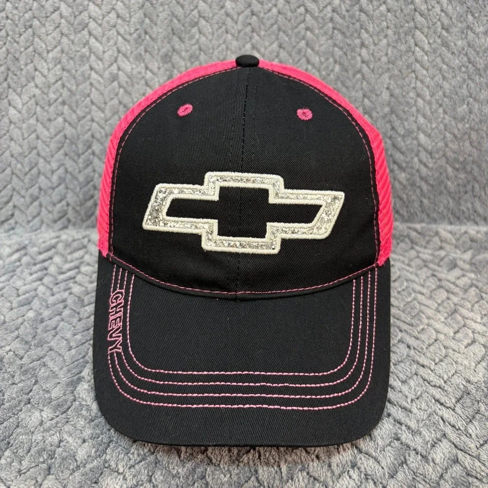 Chevy Trucker Hat Black Pink Glitter Bowtie Logo Mesh Back Cap OSFM